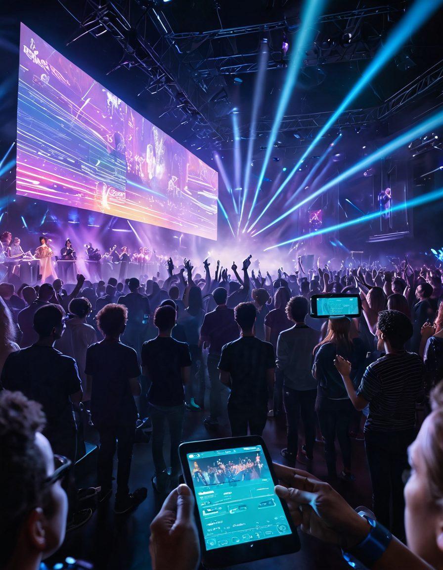 A futuristic concert scene showcasing a diverse audience enjoying a live performance, with holographic ticket scanning and digital interfaces overlayed. Include elements like high-tech wristbands, glowing ticket queues, and musicians using augmented reality instruments. Bright stage lights illuminate the atmosphere, representing the excitement of live events. super-realistic. vibrant colors. dynamic composition.