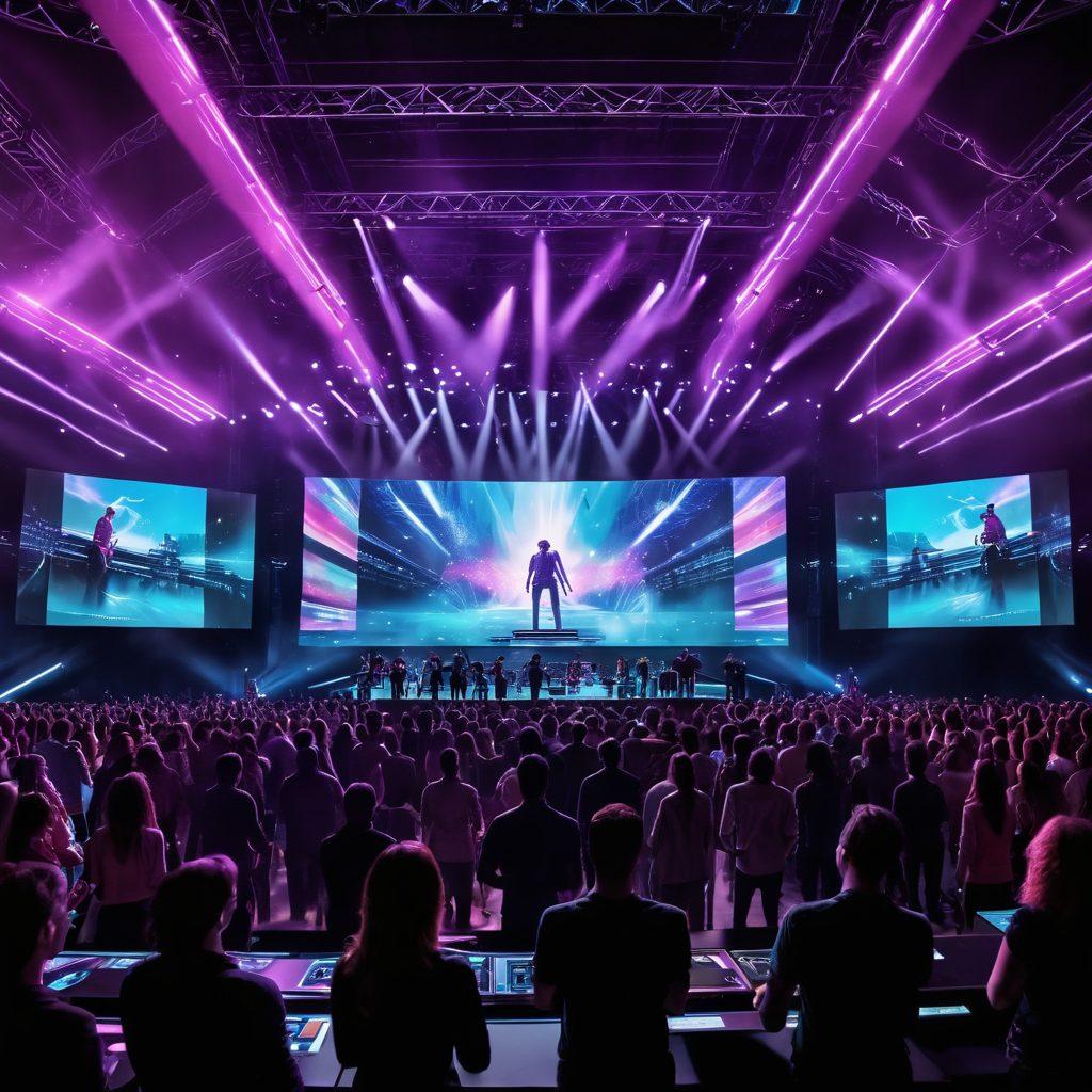 A futuristic concert scene showcasing a diverse crowd enjoying a live event, with holographic ticketing displays and seamless digital screens. Emphasize innovative technology in the production management, with vibrant lights and interactive elements. Capture the excitement and connection among attendees, highlighting creativity in ticketing solutions. super-realistic. vibrant colors. dynamic composition.