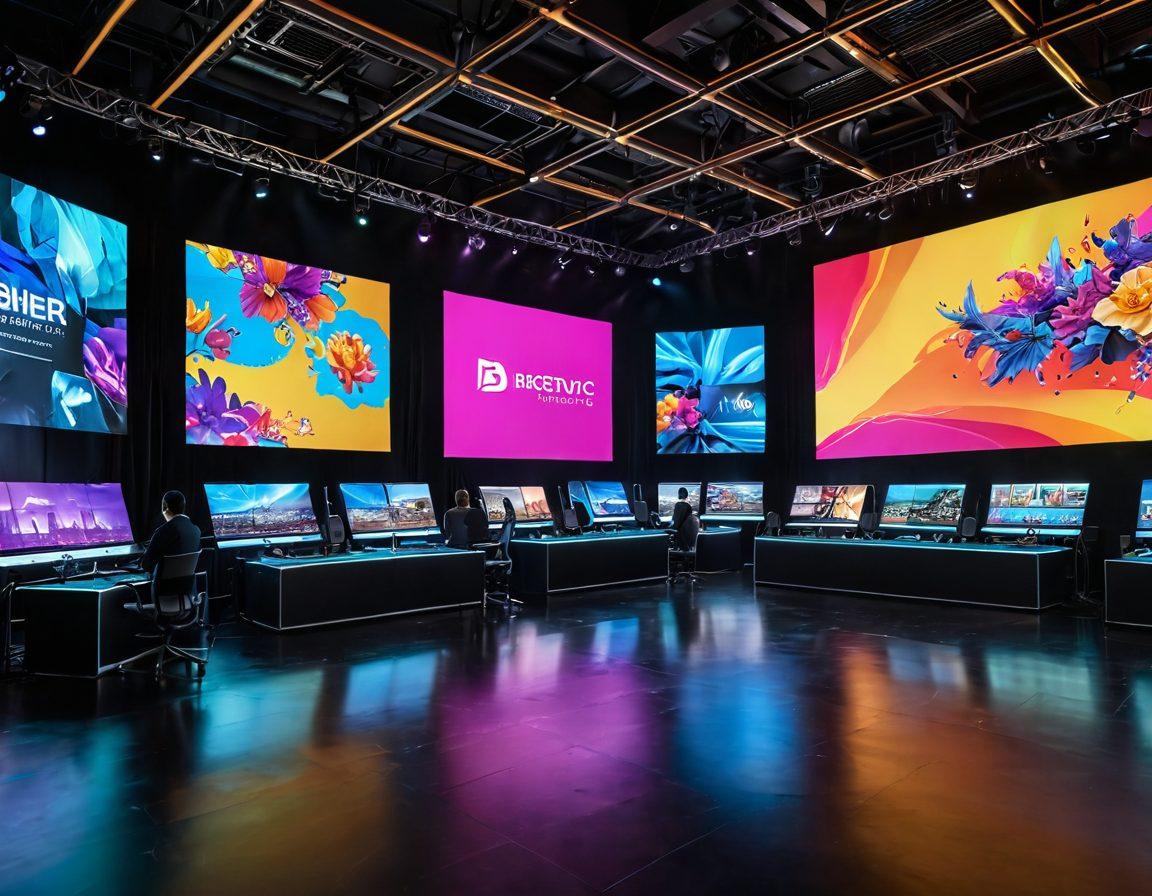 A dynamic scene showcasing a high-tech event production studio with professionals using BKSTG's innovative tools, surrounded by digital screens displaying engaging content. The atmosphere buzzes with creativity, featuring a vibrant audience enjoying the show in the background. Emphasize a blend of technology and excitement, with lively colors and intricate details. super-realistic. vibrant colors. 3D.